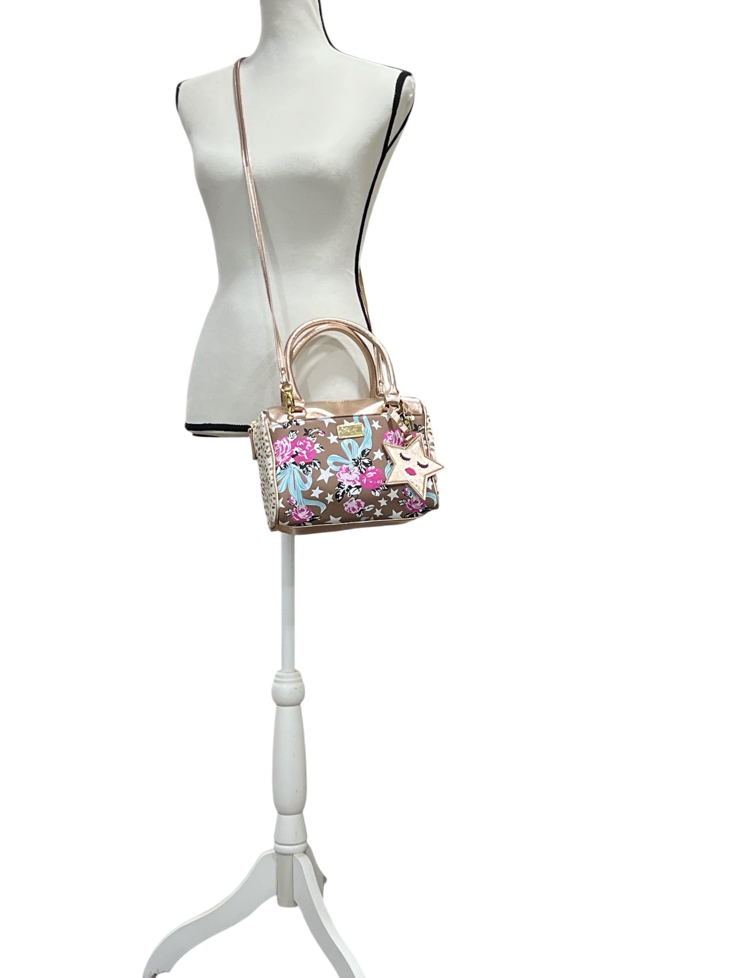 Luv Betsey Crossbody Mini-Barrel Satchel Purse Rose Gold Base/ Roses & Stars Print