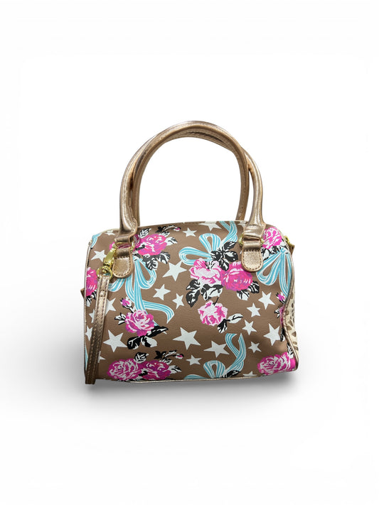 Luv Betsey Crossbody Mini-Barrel Satchel Purse Rose Gold Base/ Roses & Stars Print