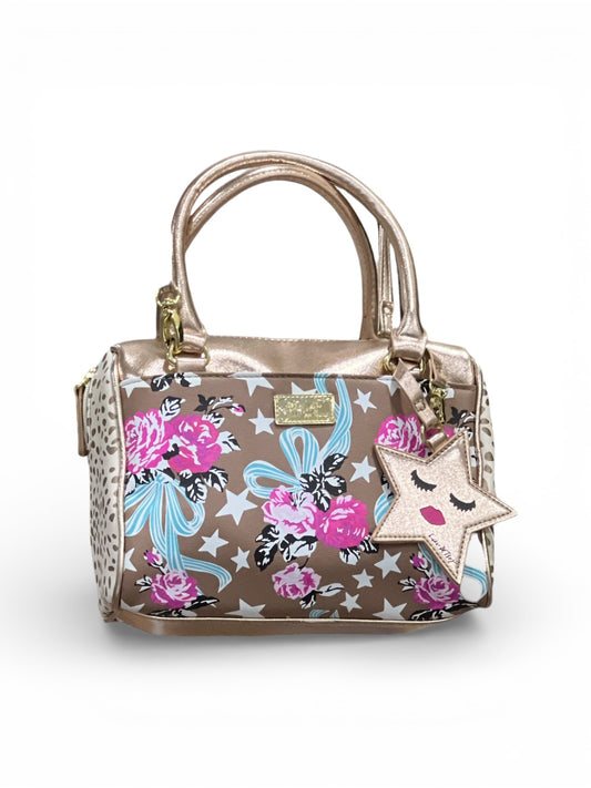 Luv Betsey Crossbody Mini-Barrel Satchel Purse Rose Gold Base/ Roses & Stars Print