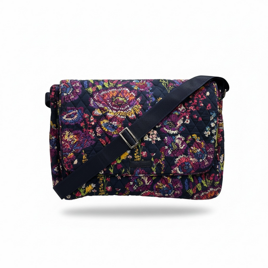 Large Vera Bradley Lighten Up Essential Messenger Bag Midnight Wildflowers Print