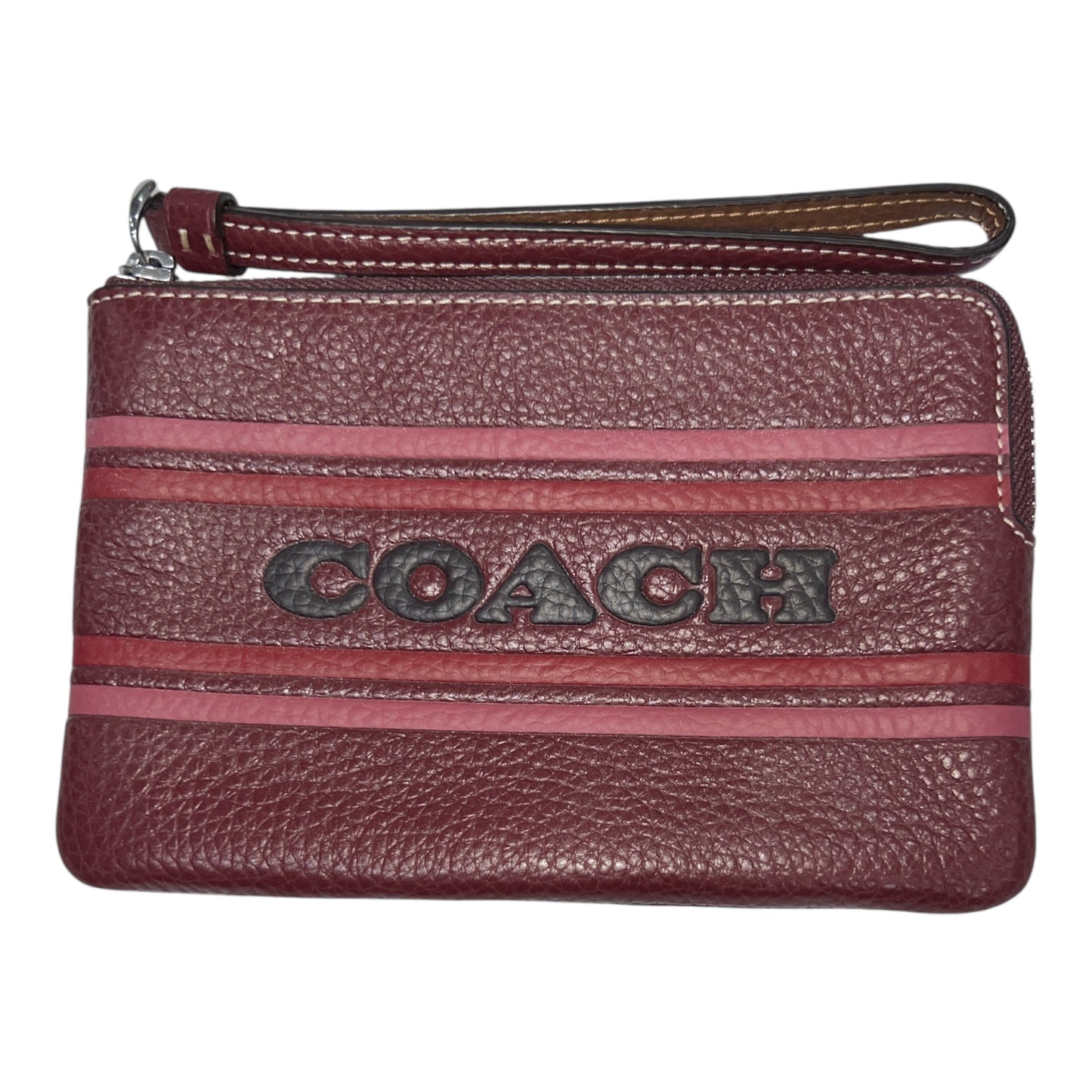 Coach Women's Small Pebbled Leather Corner Zip Wristlet with Coach Stripe (Wine Multi)