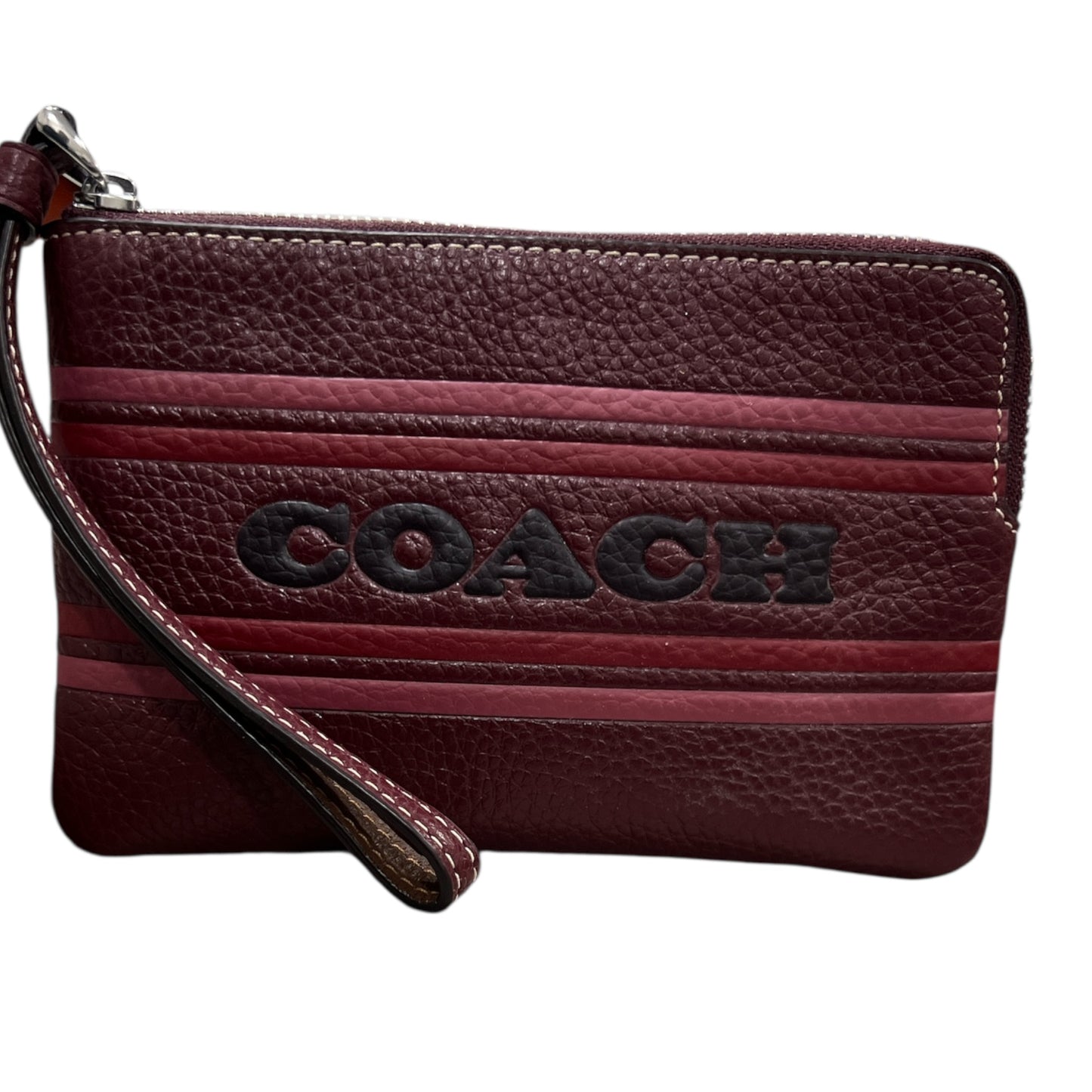 Coach Women's Small Pebbled Leather Corner Zip Wristlet with Coach Stripe (Wine Multi)