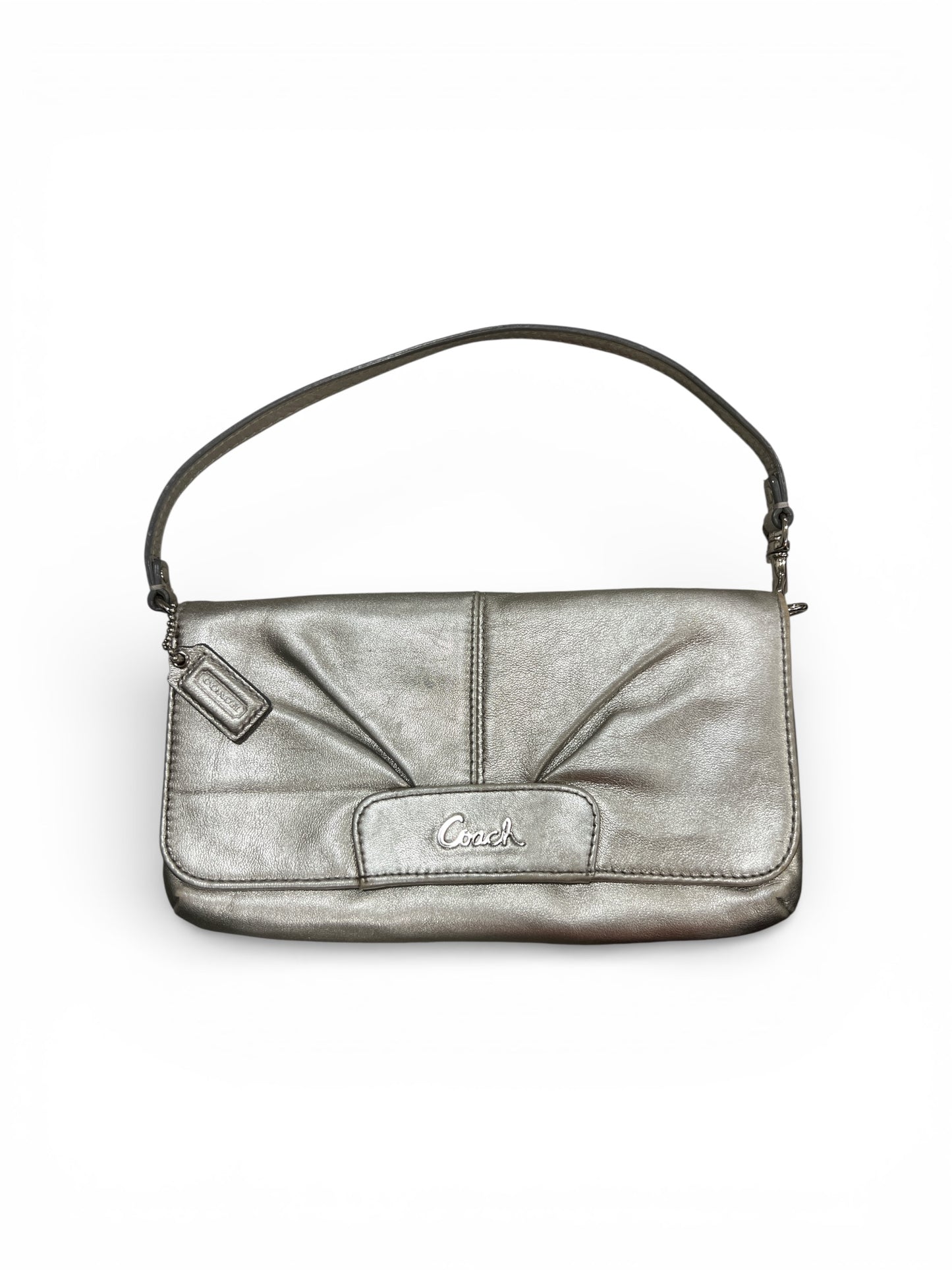 Coach Silver Metallic Pleated Leather Large Clutch Wallet/Wristlet