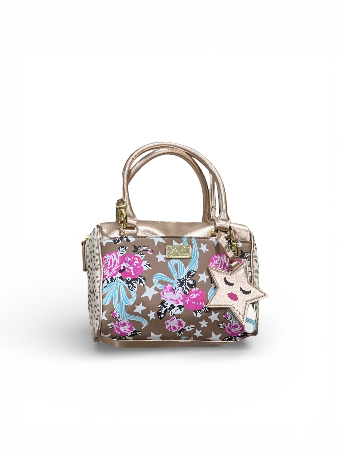 Luv Betsey Crossbody Mini-Barrel Satchel Purse Rose Gold Base/ Roses & Stars Print