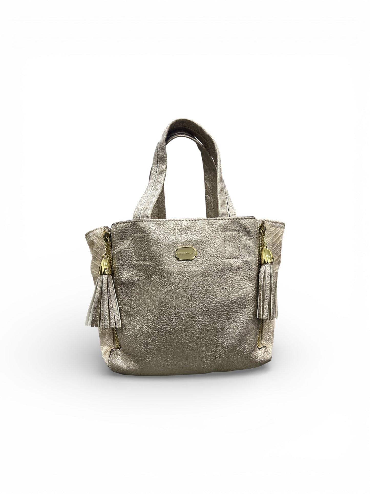 Kate Landry Gold Metallic Leather Cream Canvas Tote Bag Tassel Snap in Pouch