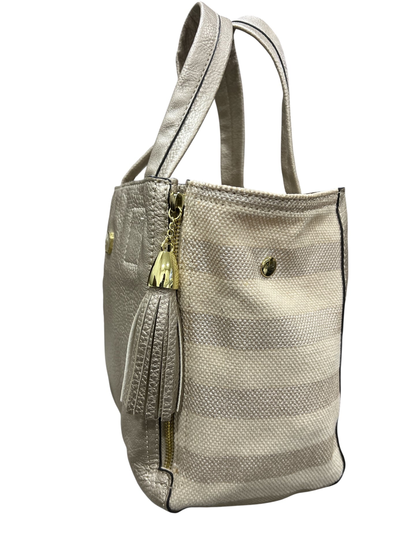 Kate Landry Gold Metallic Leather Cream Canvas Tote Bag Tassel Snap in Pouch