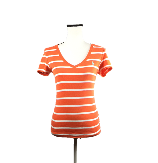 Ralph Lauren Orange & White Striped V-Neck Tee shirt - Size Medium